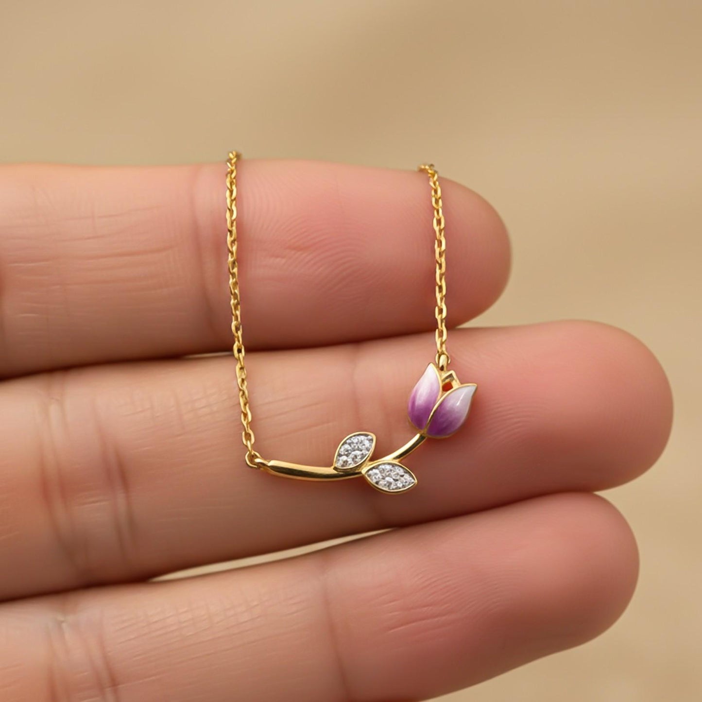 Golden Pink Vine Flower Necklace