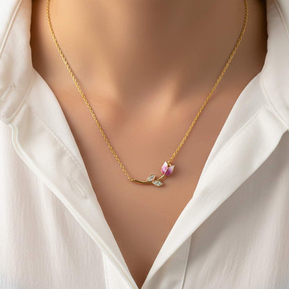 Golden Pink Vine Flower Necklace
