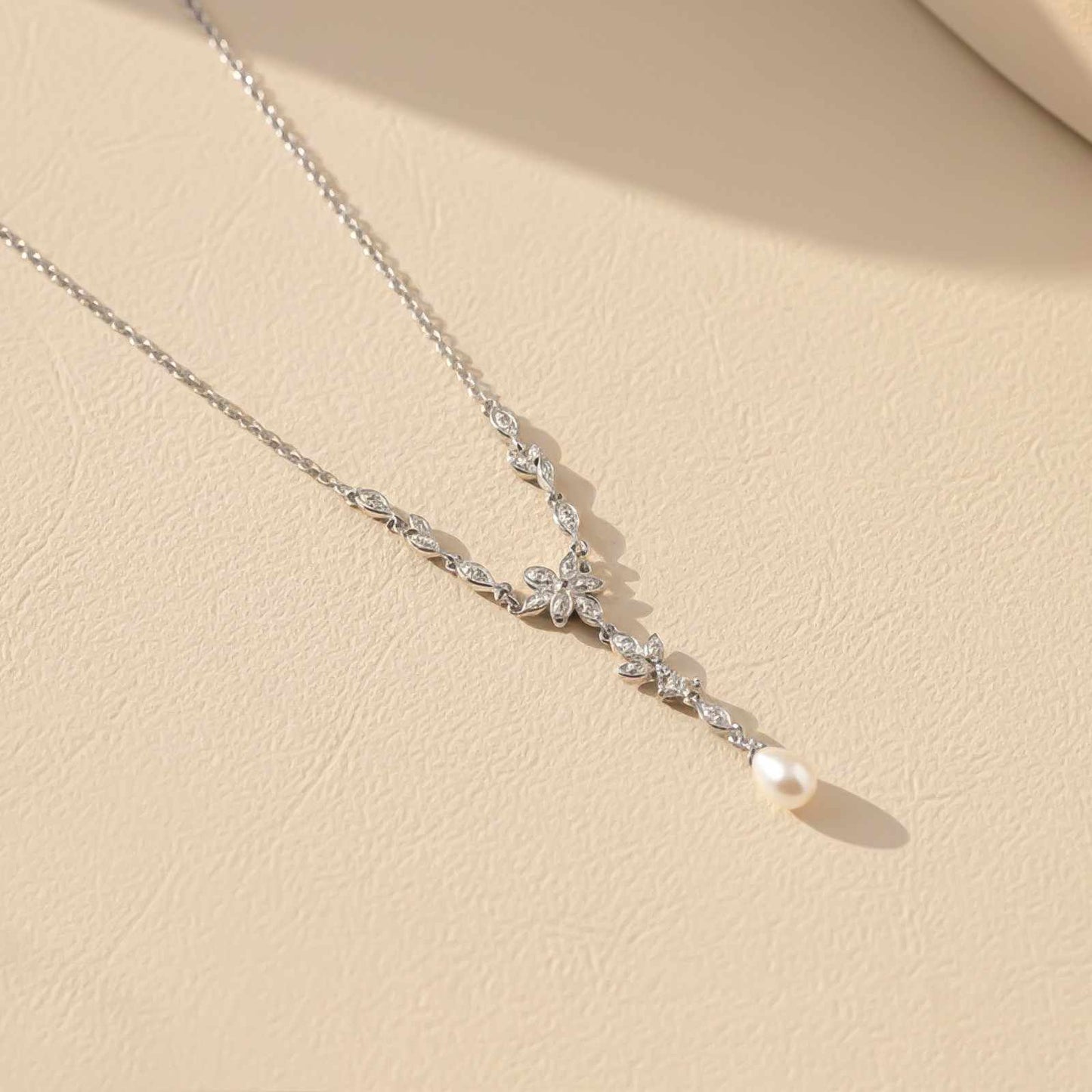 Silver Floral Pearl Drop Necklace