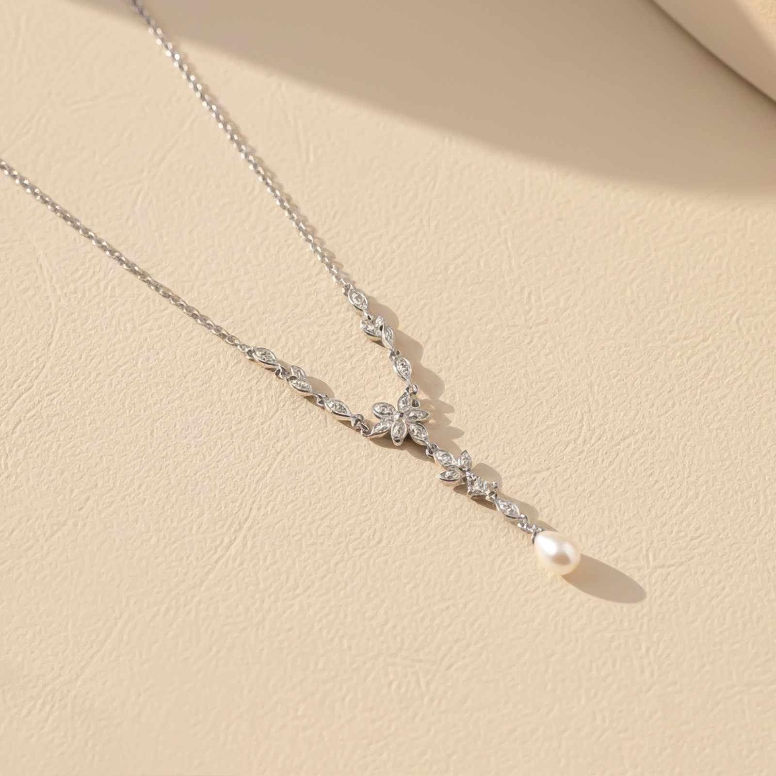 Silver Floral Pearl Drop Necklace