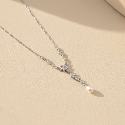 Silver Floral Pearl Drop Necklace