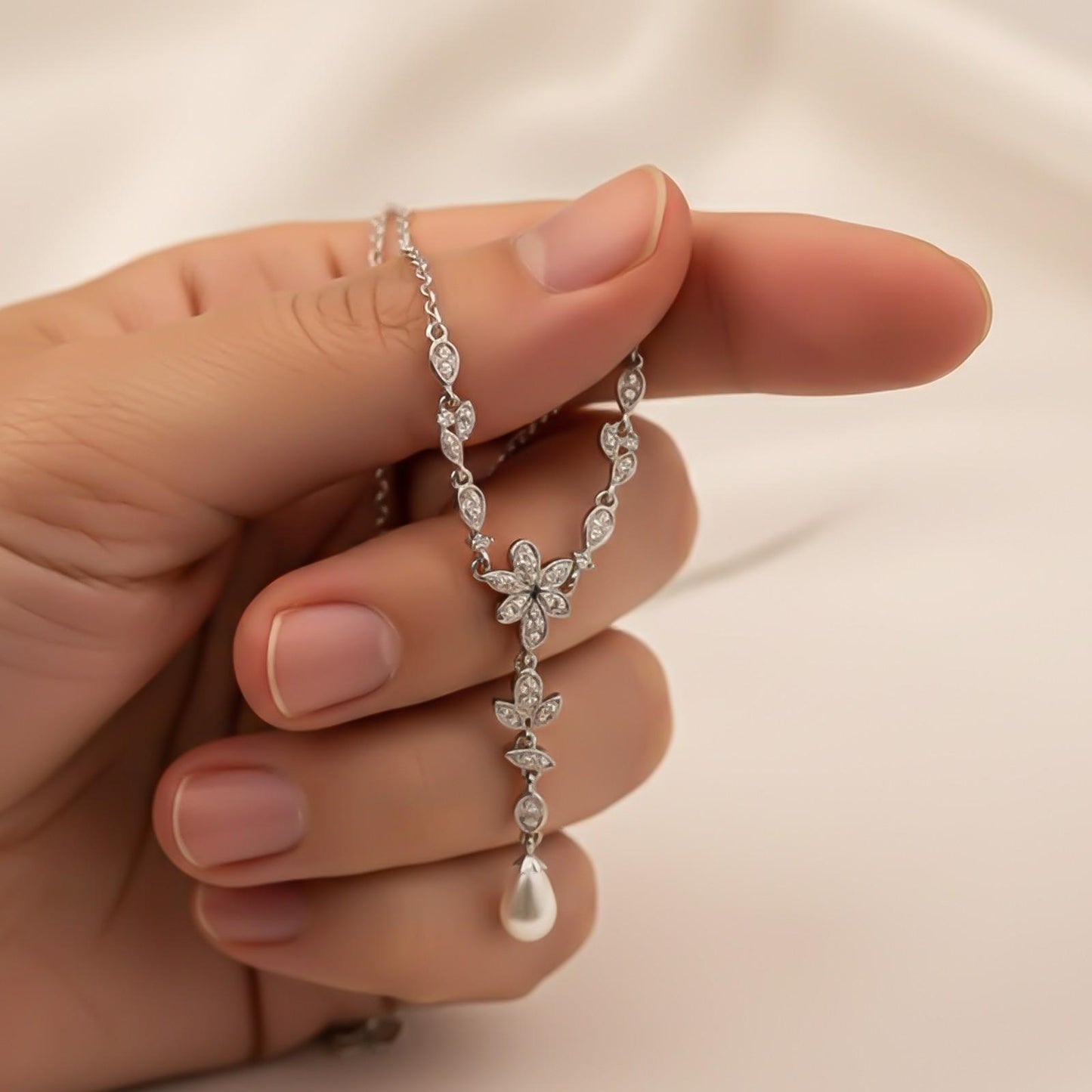 Silver Floral Pearl Drop Necklace