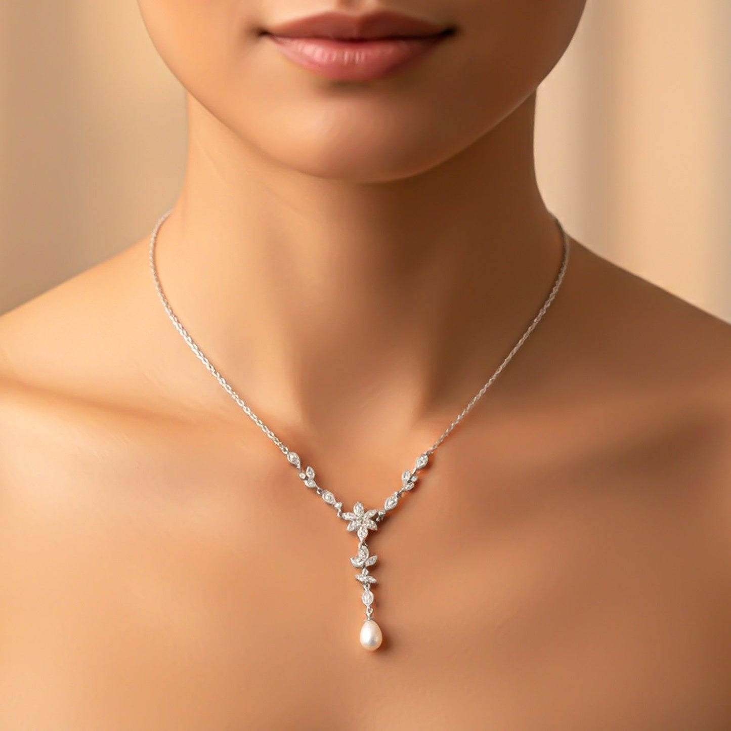 Silver Floral Pearl Drop Necklace