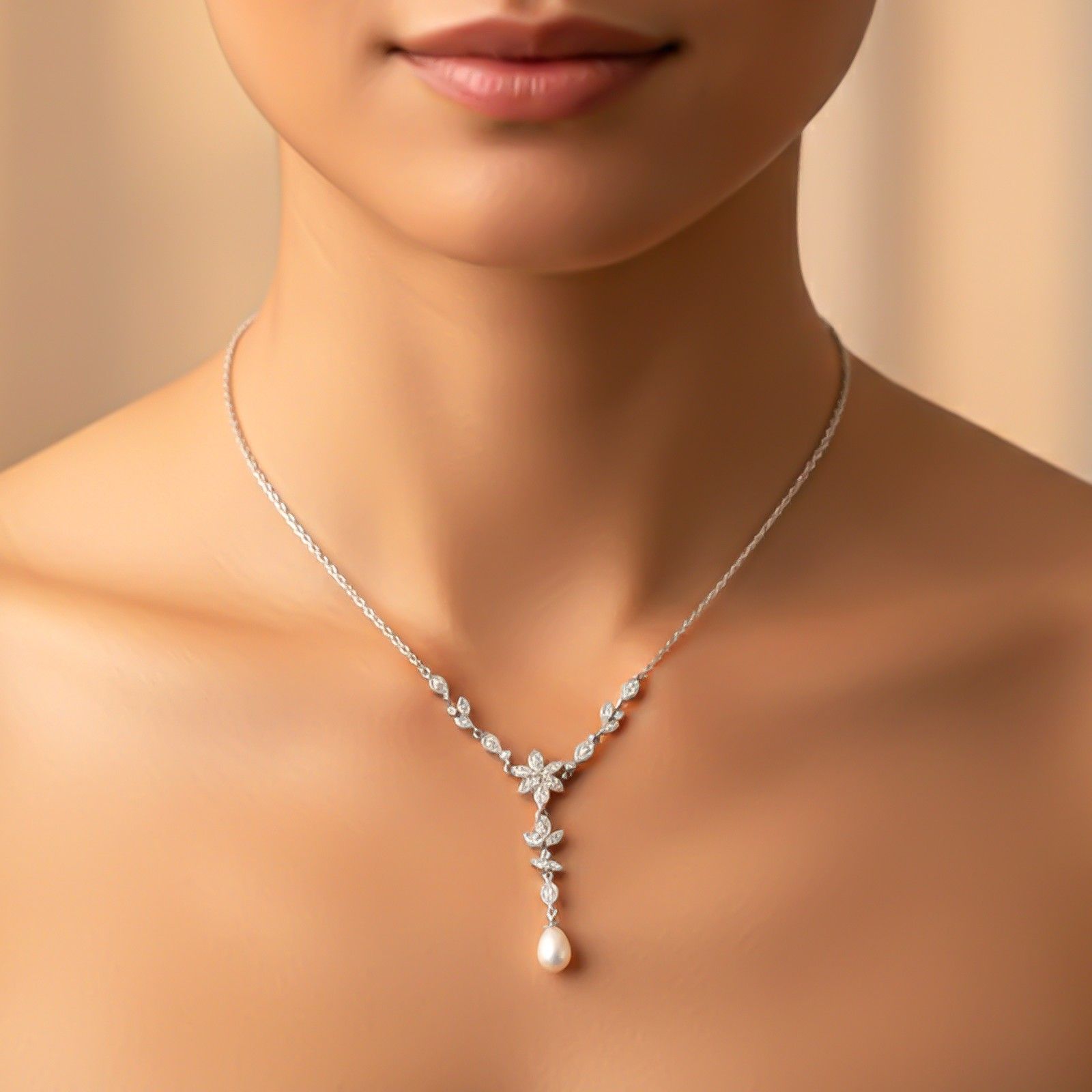 Silver Floral Pearl Drop Necklace