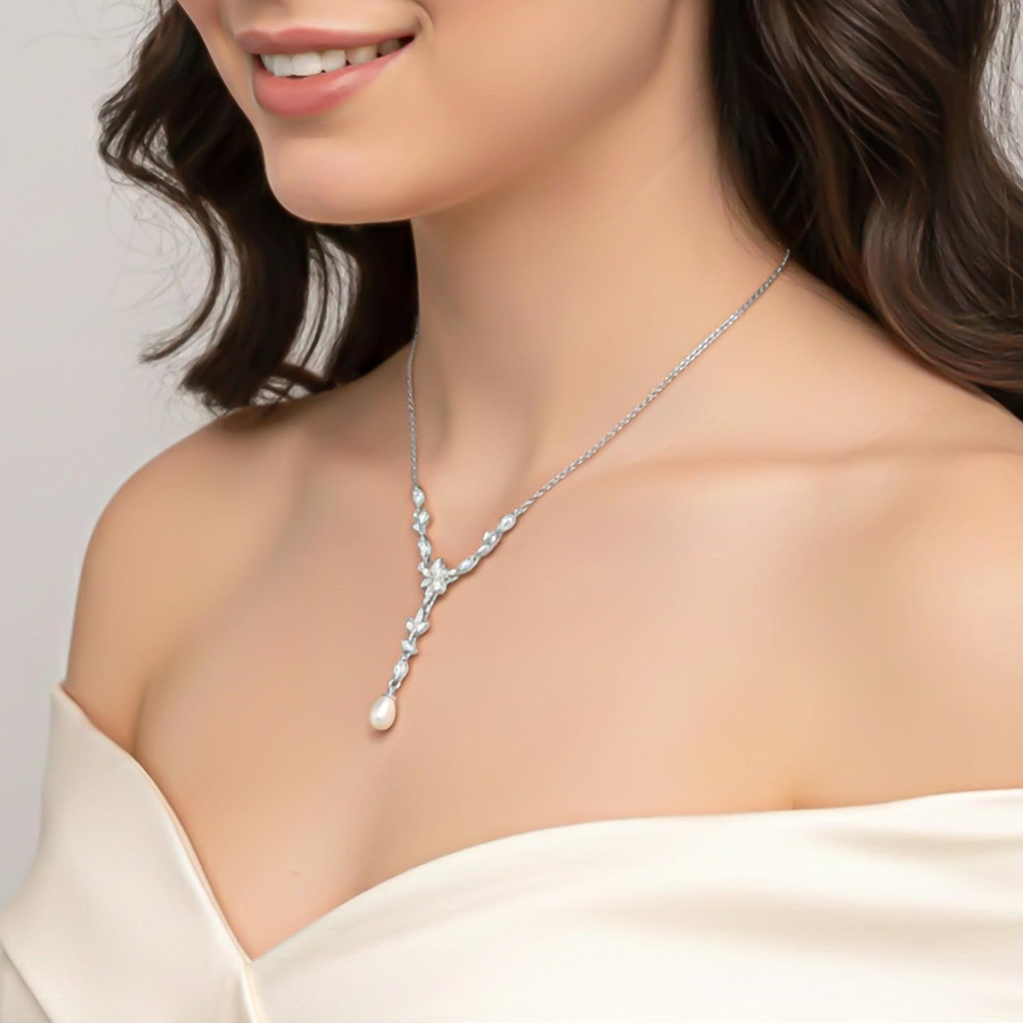 Silver Floral Pearl Drop Necklace