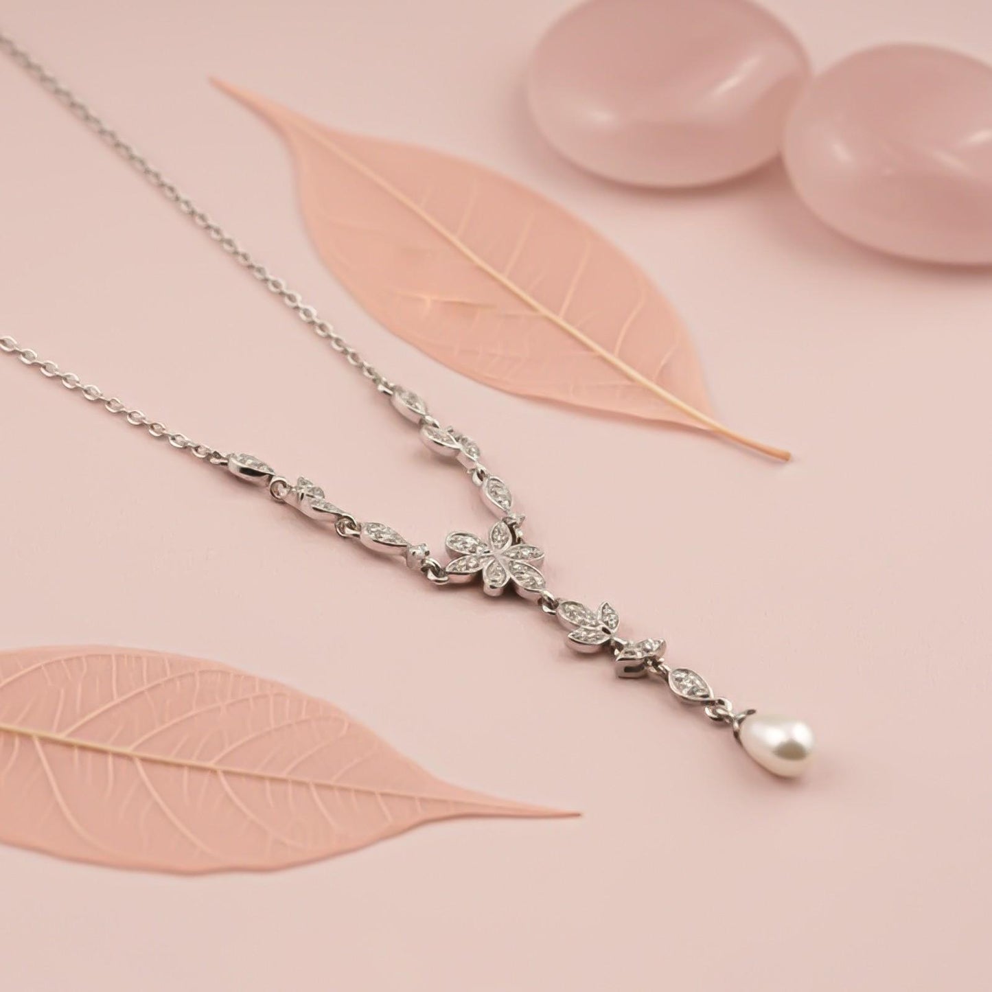 Silver Floral Pearl Drop Necklace