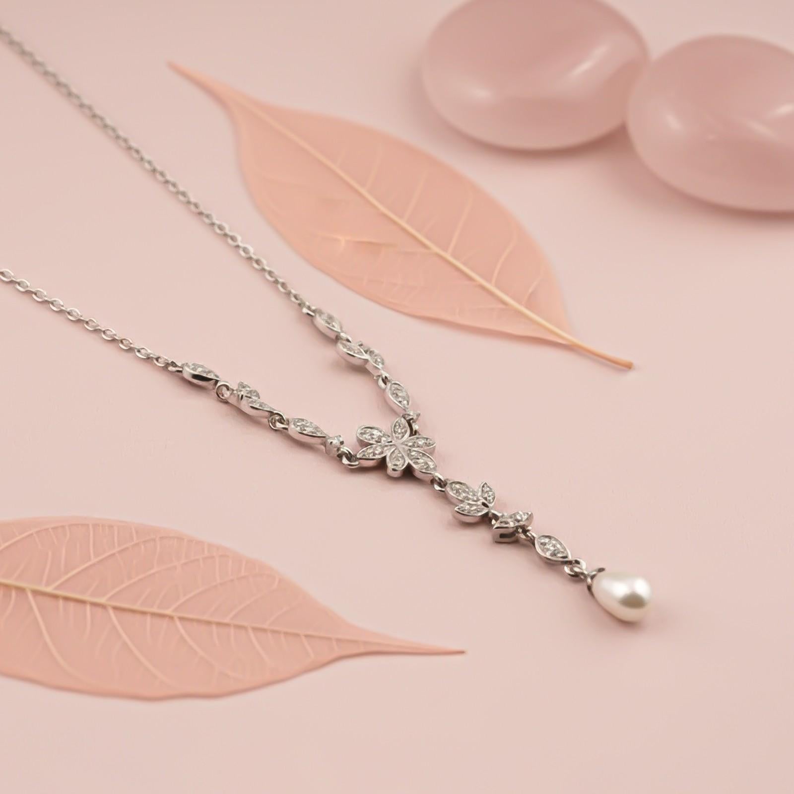 Silver Floral Pearl Drop Necklace