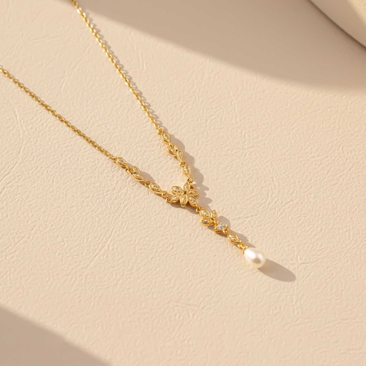 Silver Floral Pearl Drop Necklace