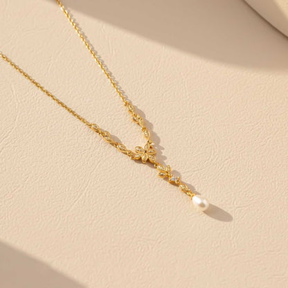 Silver Floral Pearl Drop Necklace