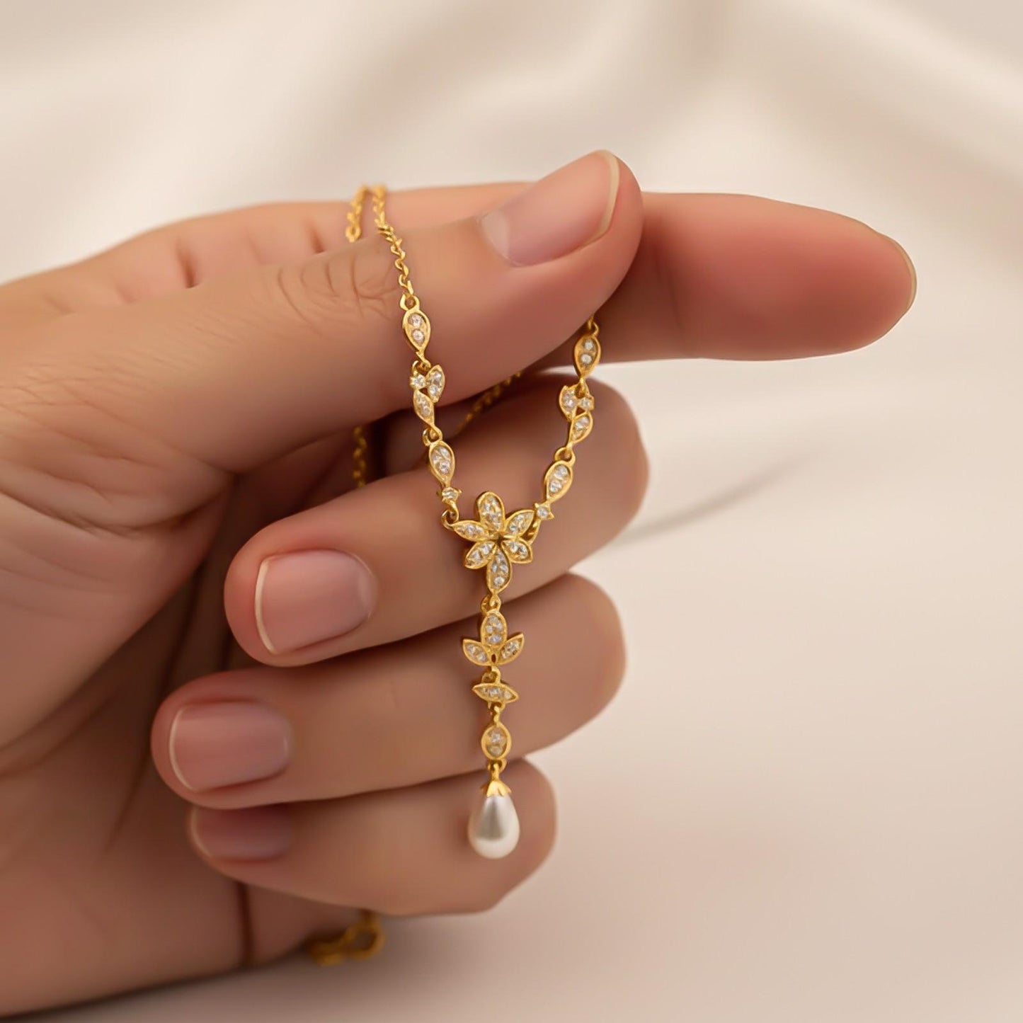 Silver Floral Pearl Drop Necklace