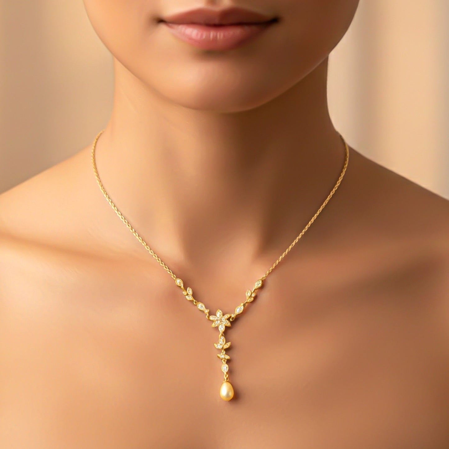 Silver Floral Pearl Drop Necklace