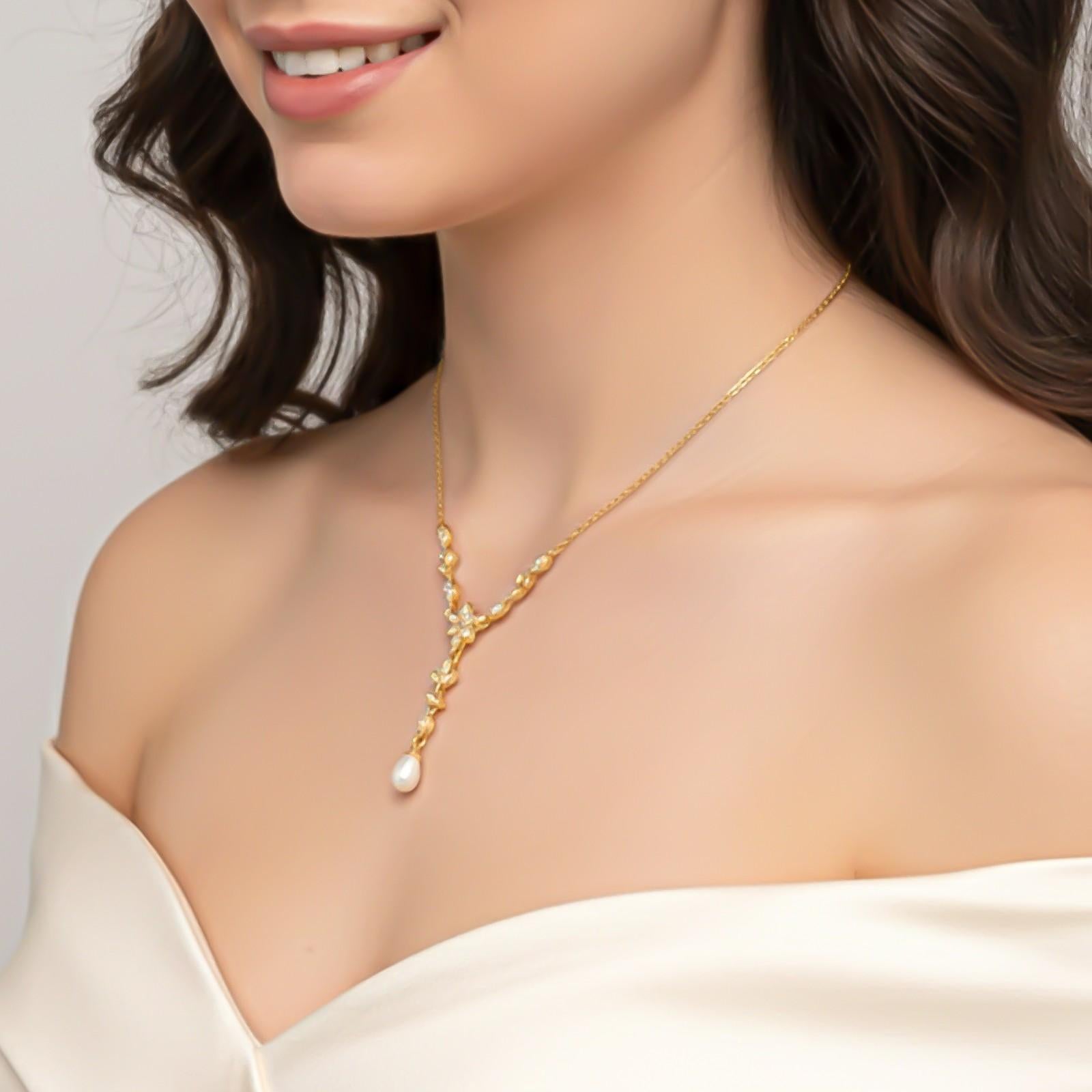 Silver Floral Pearl Drop Necklace