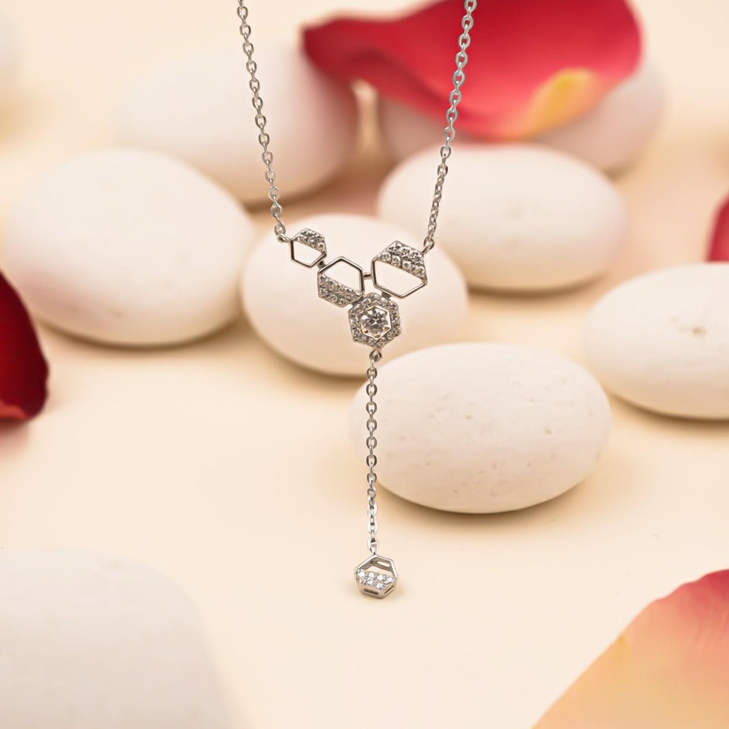 Silver Geometric Honeycomb Drop Necklace