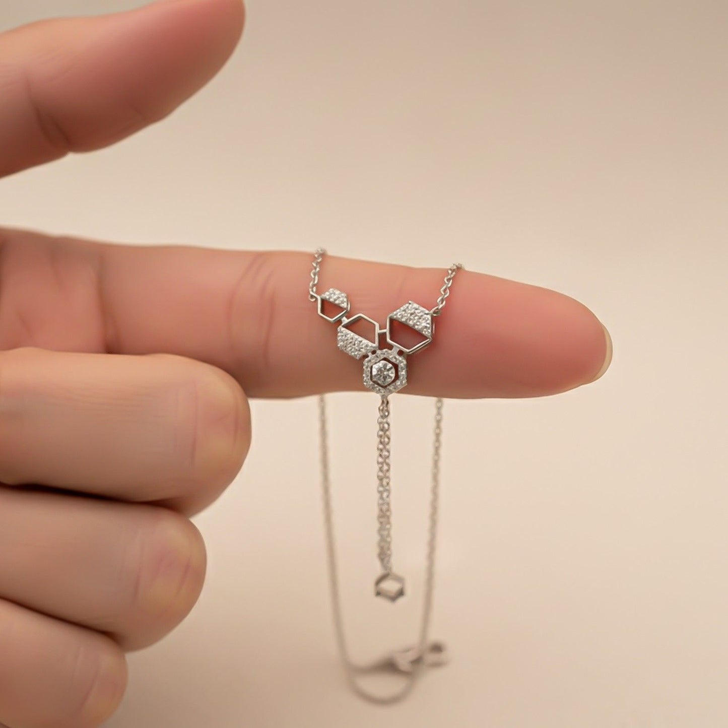 Silver Geometric Honeycomb Drop Necklace