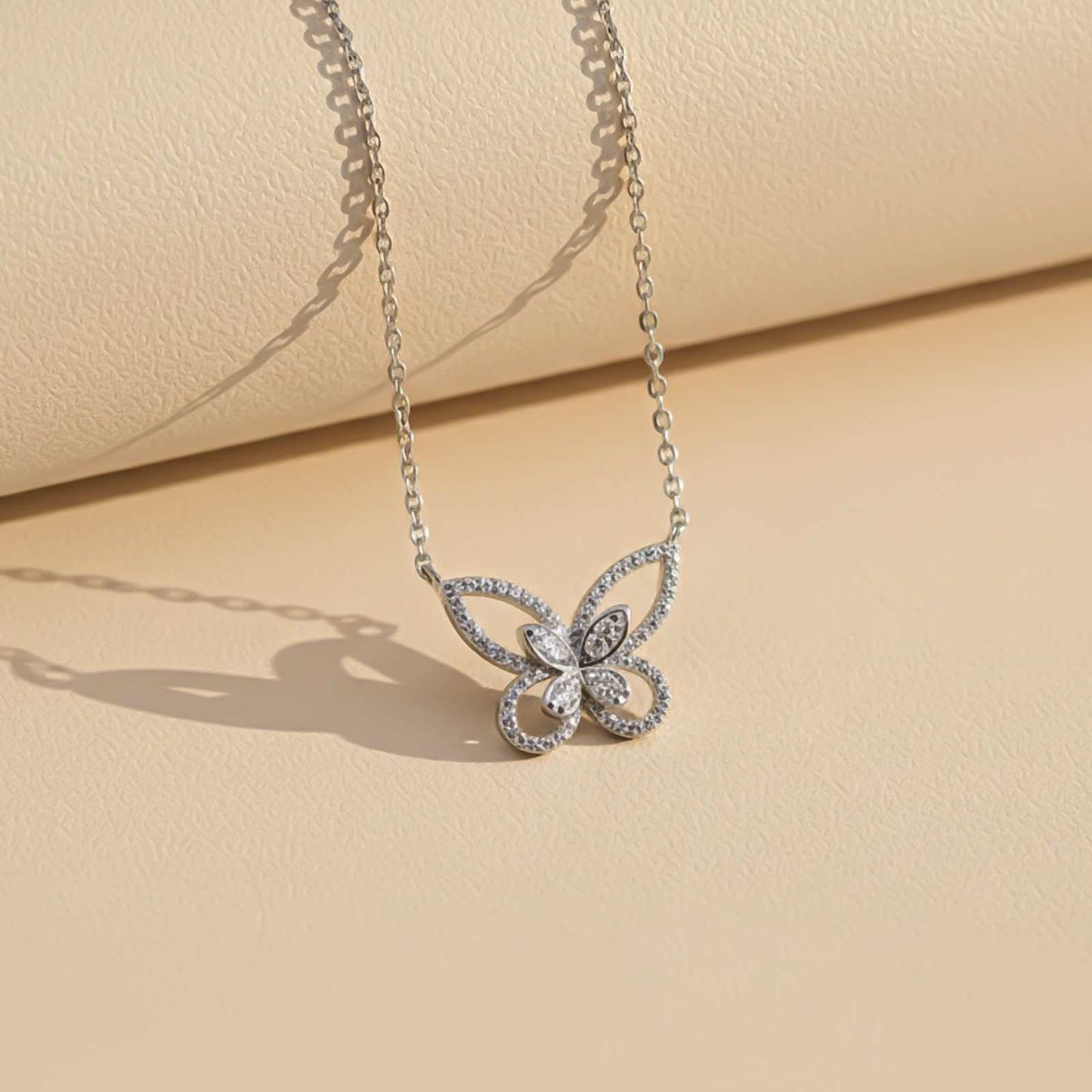Silver Elegant Crystal Butterfly Necklace