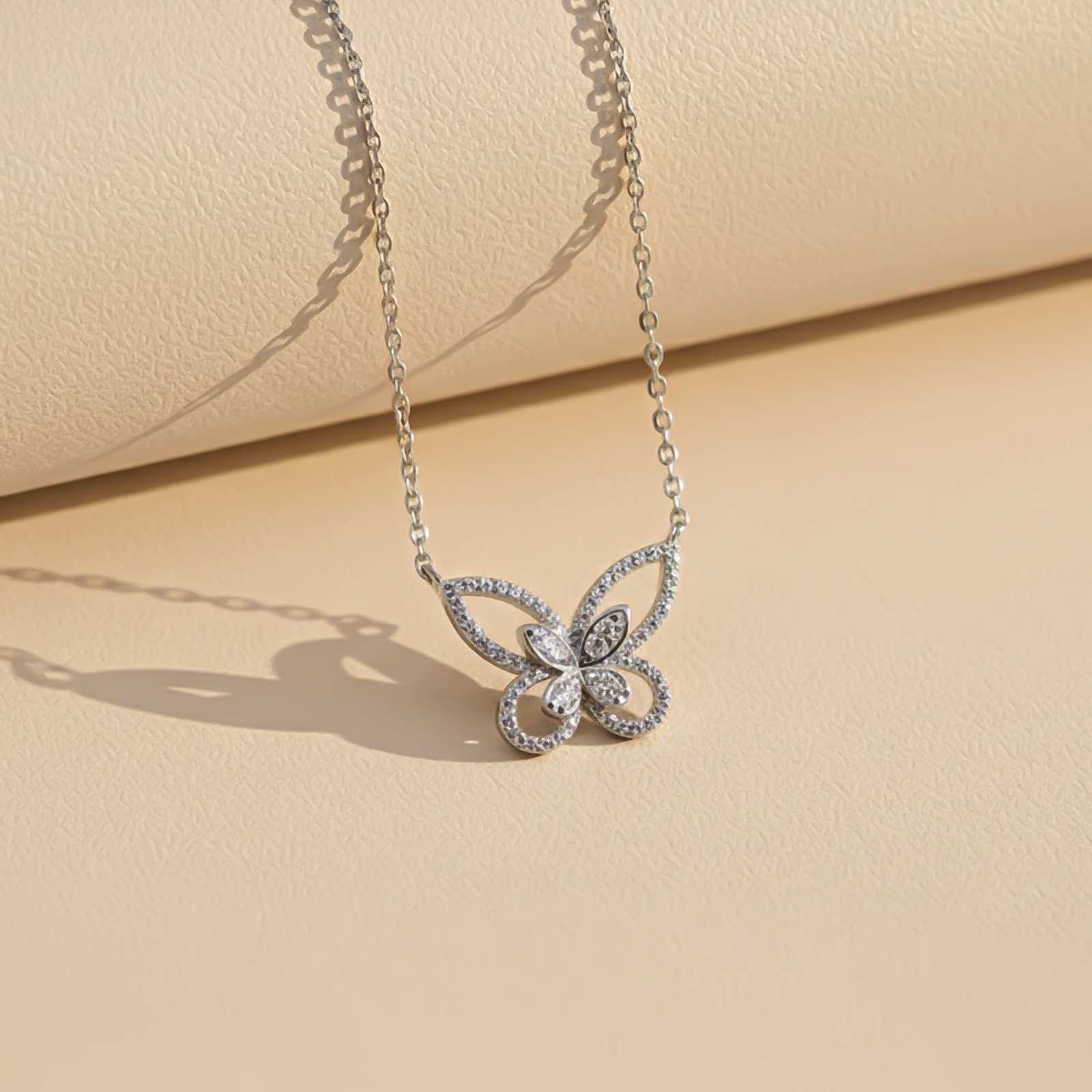 Silver Elegant Crystal Butterfly Necklace