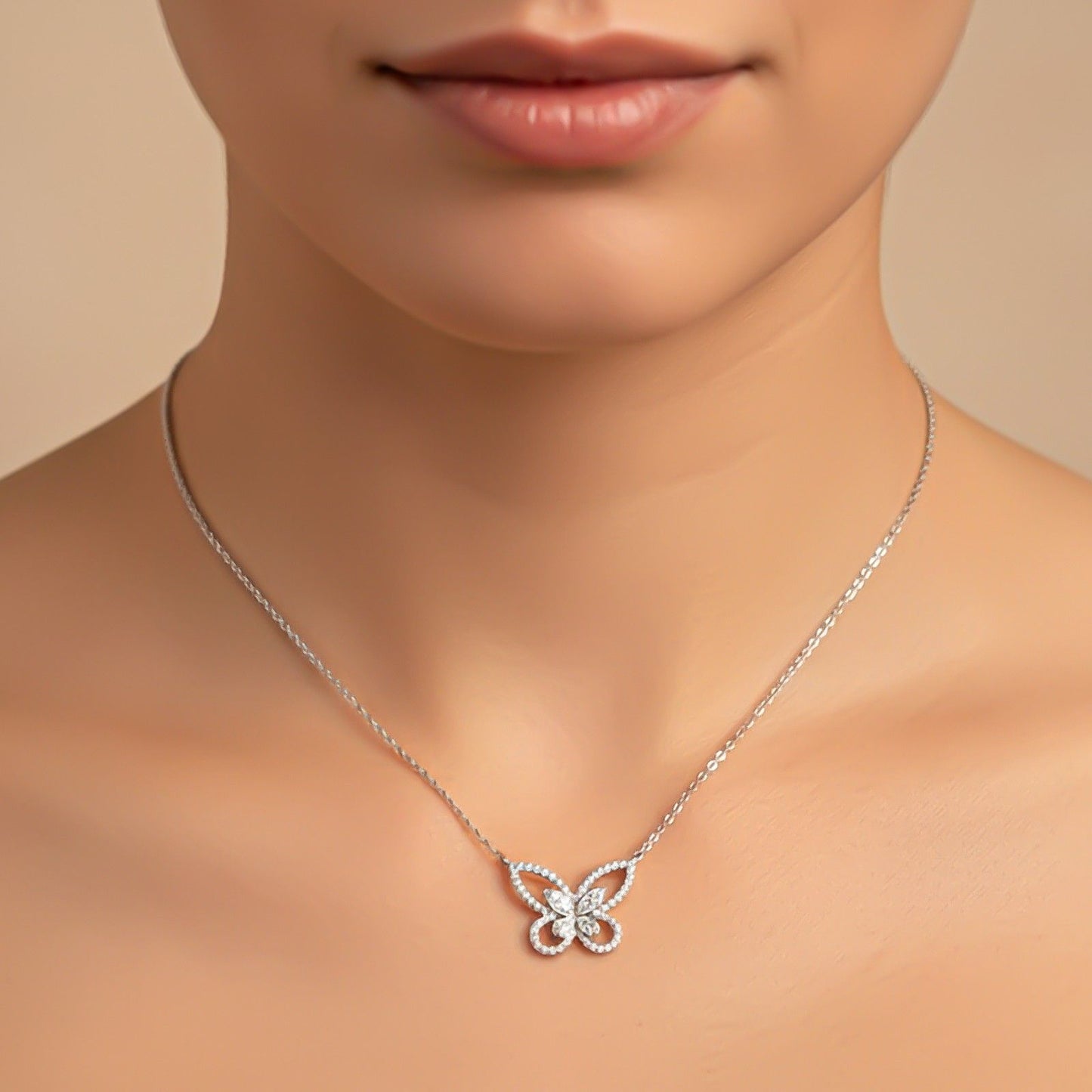 Silver Elegant Crystal Butterfly Necklace