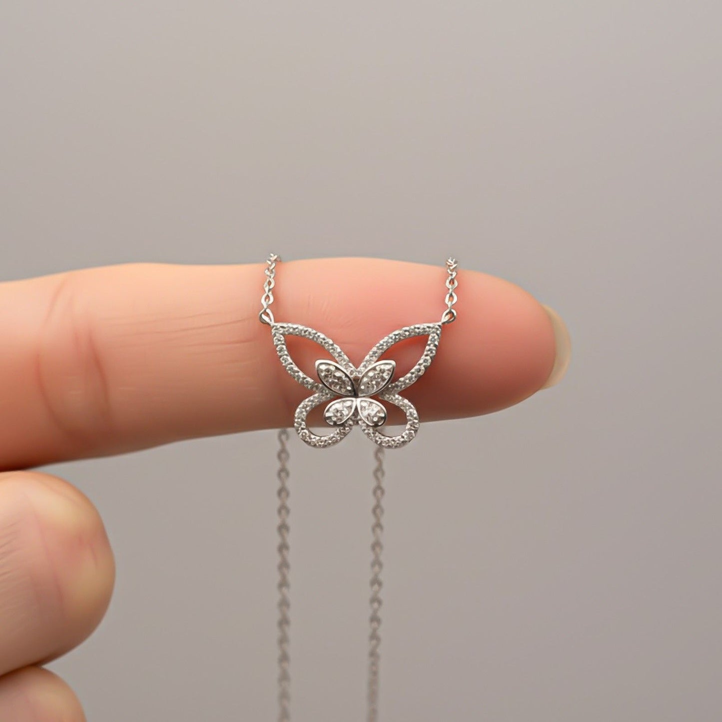 Silver Elegant Crystal Butterfly Necklace