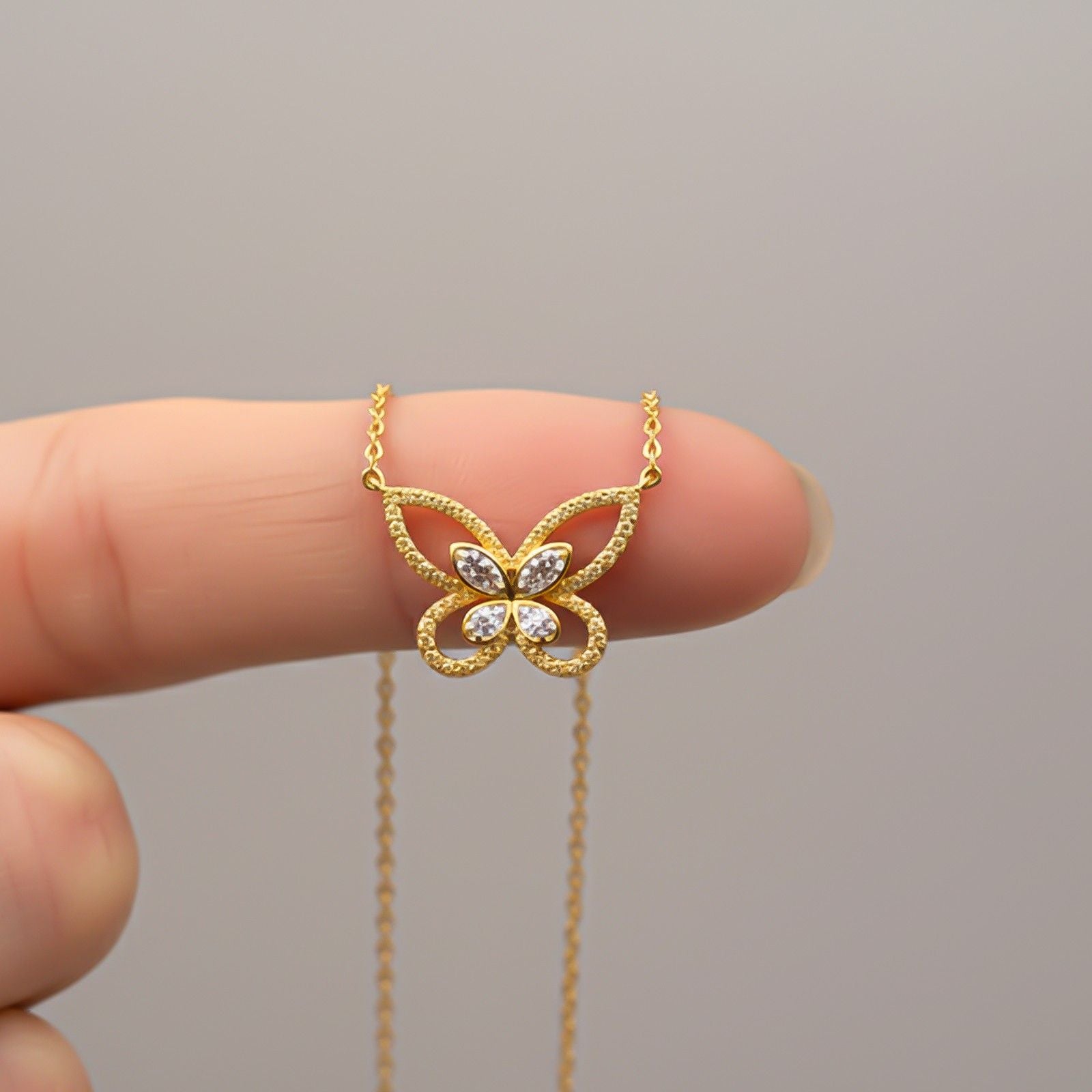 Silver Elegant Crystal Butterfly Necklace