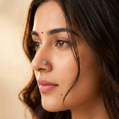 Silver Round Floral Cluster CZ Nose Pin for Women