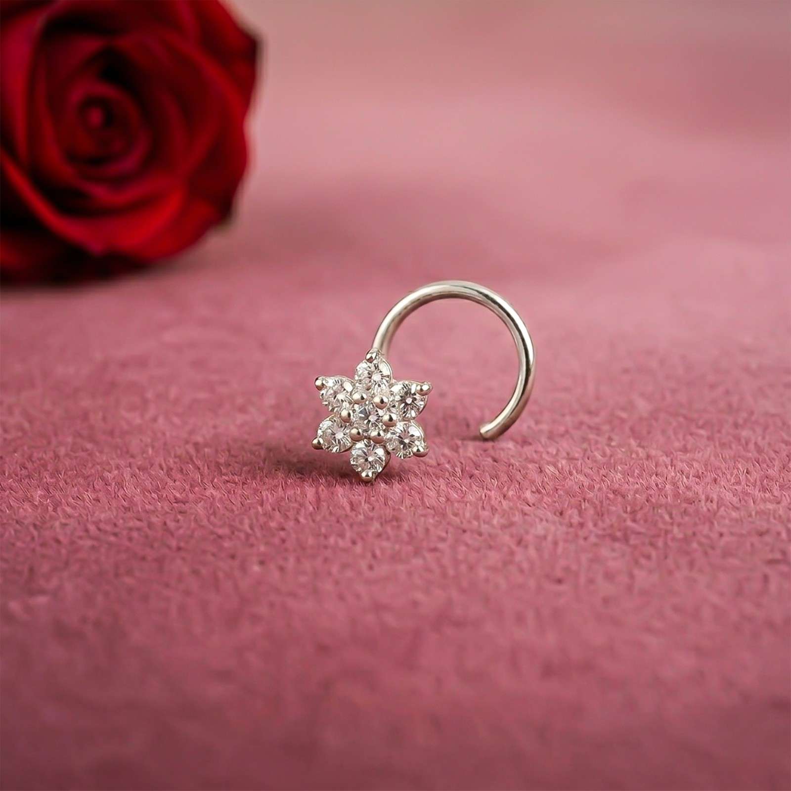 Silver Floral Cluster CZ Nose Pin
