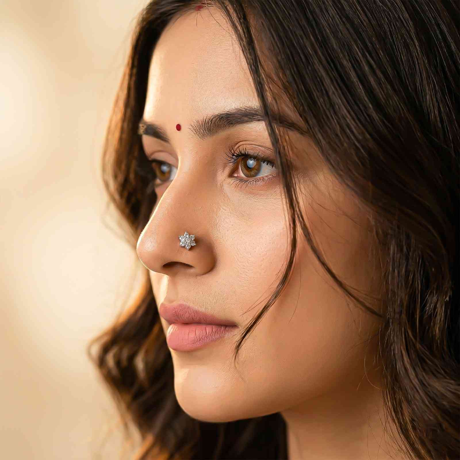 Silver Floral Cluster CZ Nose Pin