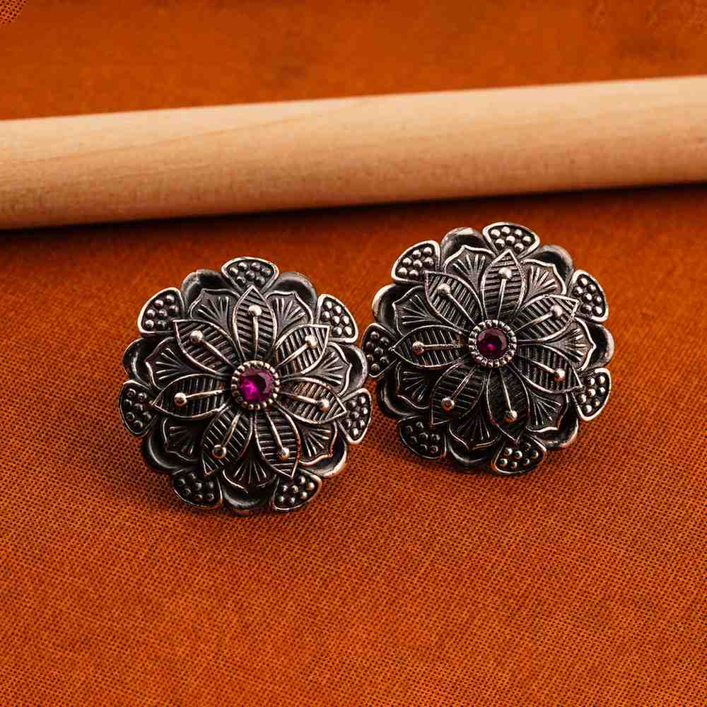 Oxidized SilverEarrings/Oxidized Silver Floral Ruby Ethnic Vintage Stud Earrings
