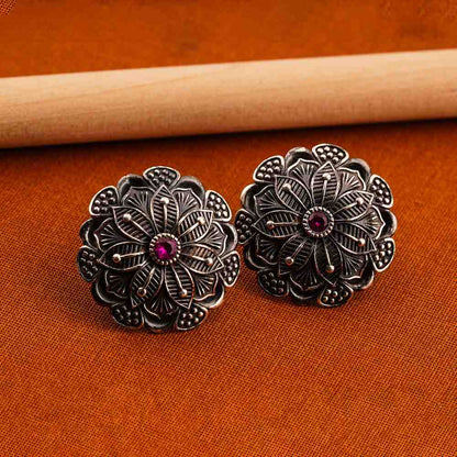 Oxidized SilverEarrings/Oxidized Silver Floral Ruby Ethnic Vintage Stud Earrings
