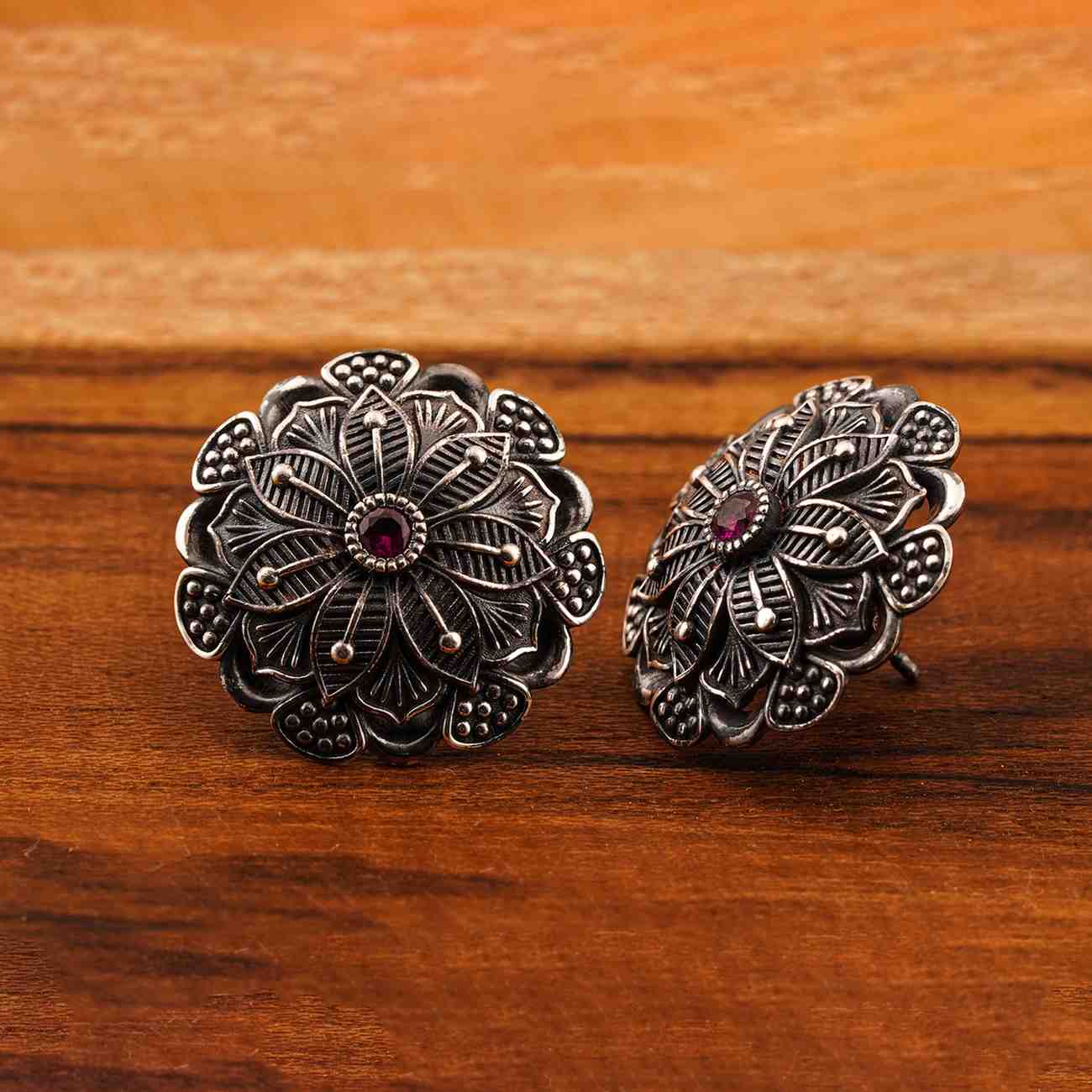 Oxidized SilverEarrings/Oxidized Silver Floral Ruby Ethnic Vintage Stud Earrings