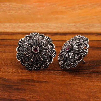 Oxidized SilverEarrings/Oxidized Silver Floral Ruby Ethnic Vintage Stud Earrings