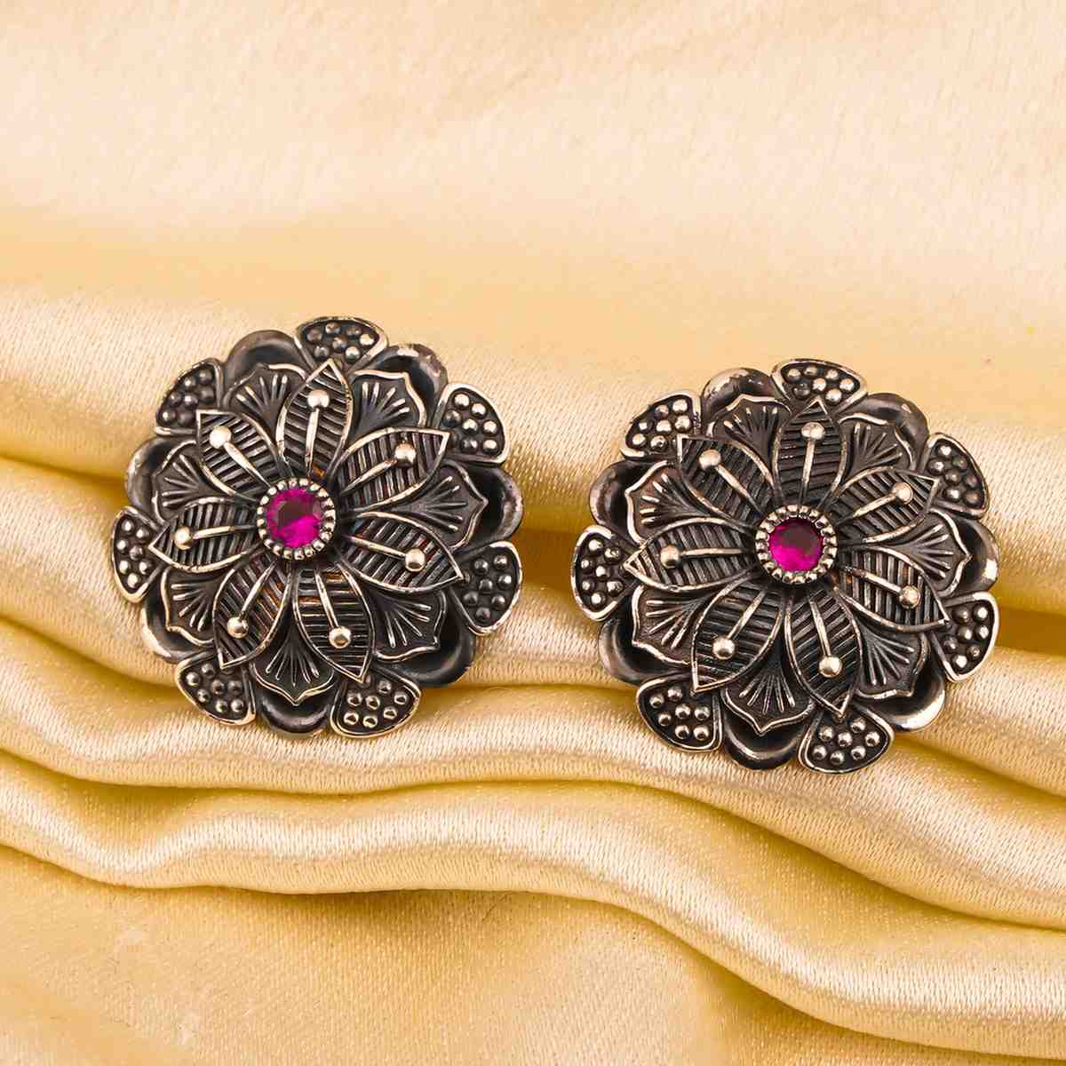 Oxidized SilverEarrings/Oxidized Silver Floral Ruby Ethnic Vintage Stud Earrings