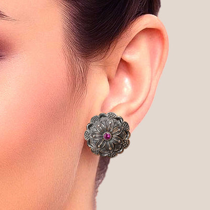 Oxidized SilverEarrings/Oxidized Silver Floral Ruby Ethnic Vintage Stud Earrings