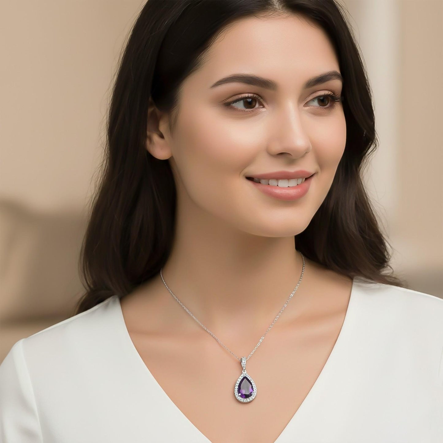 Silver Purple Amethyst Pear Drop Halo Pendant
