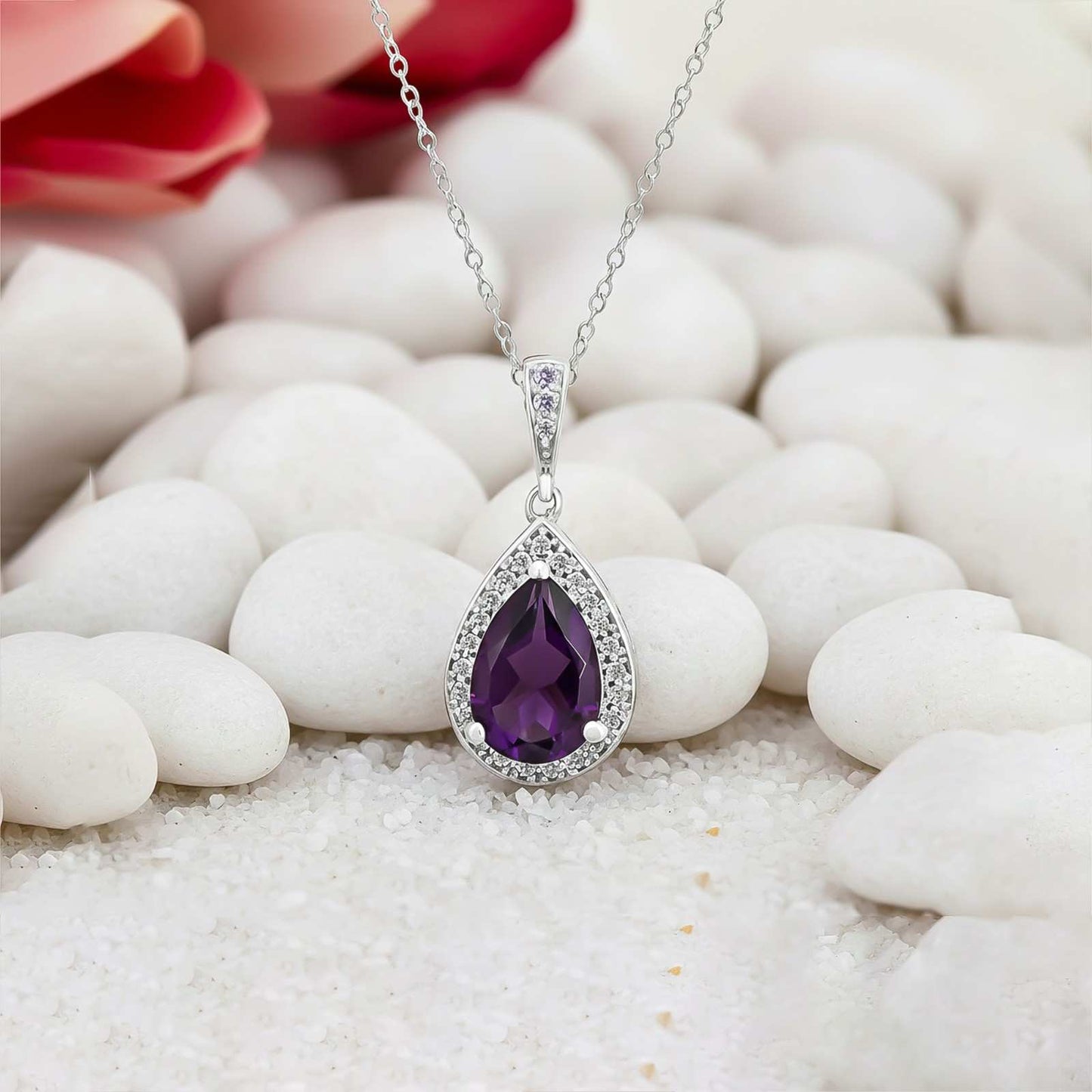 Silver Purple Amethyst Pear Drop Halo Pendant