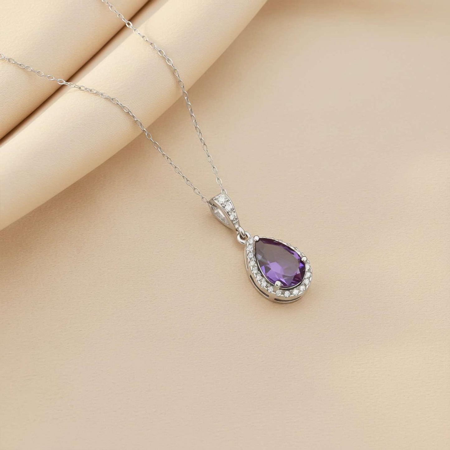 Silver Purple Amethyst Pear Drop Halo Pendant