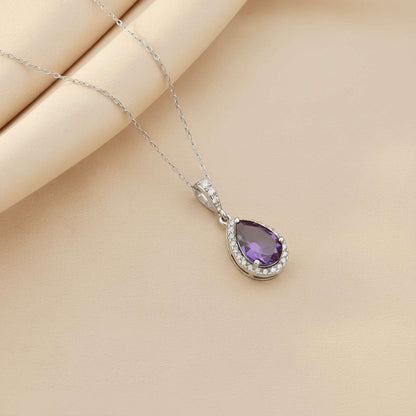 Silver Purple Amethyst Pear Drop Halo Pendant