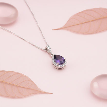 Silver Purple Amethyst Pear Drop Halo Pendant