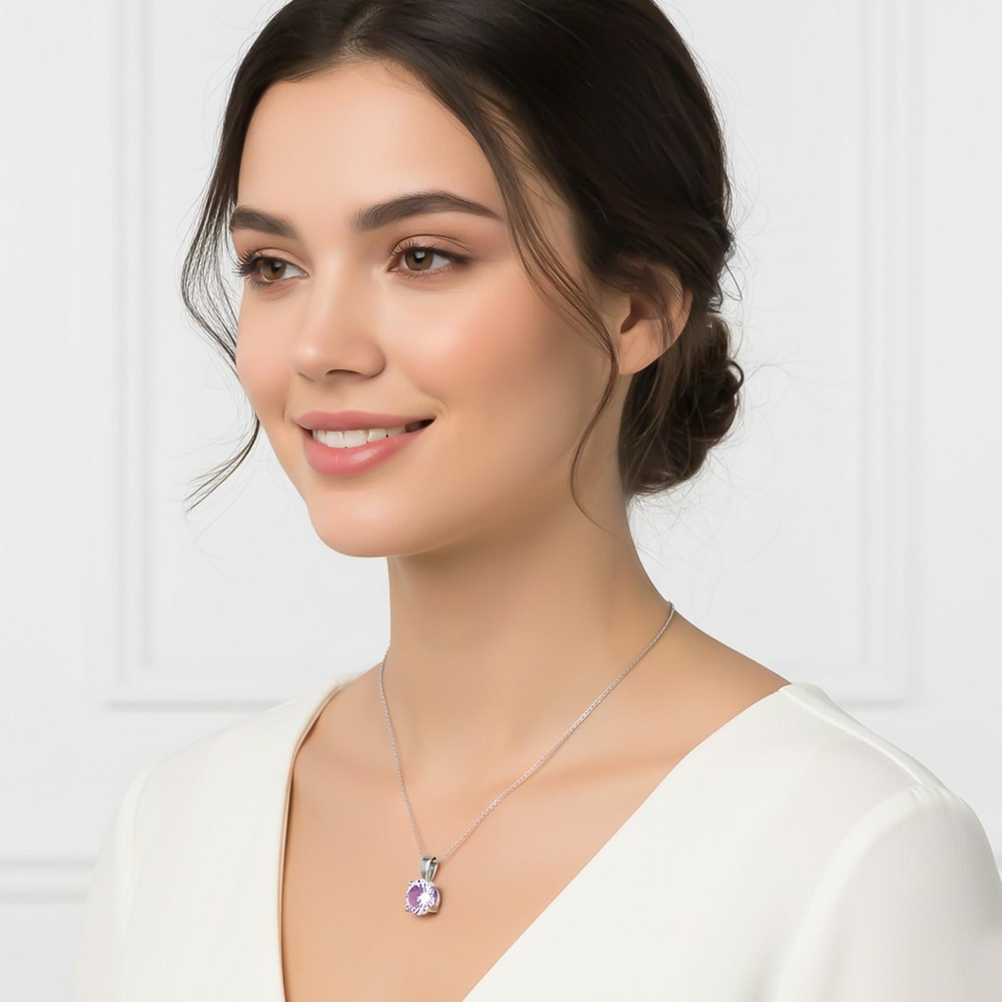 Silver Pink Sapphire Round Shape Pendant