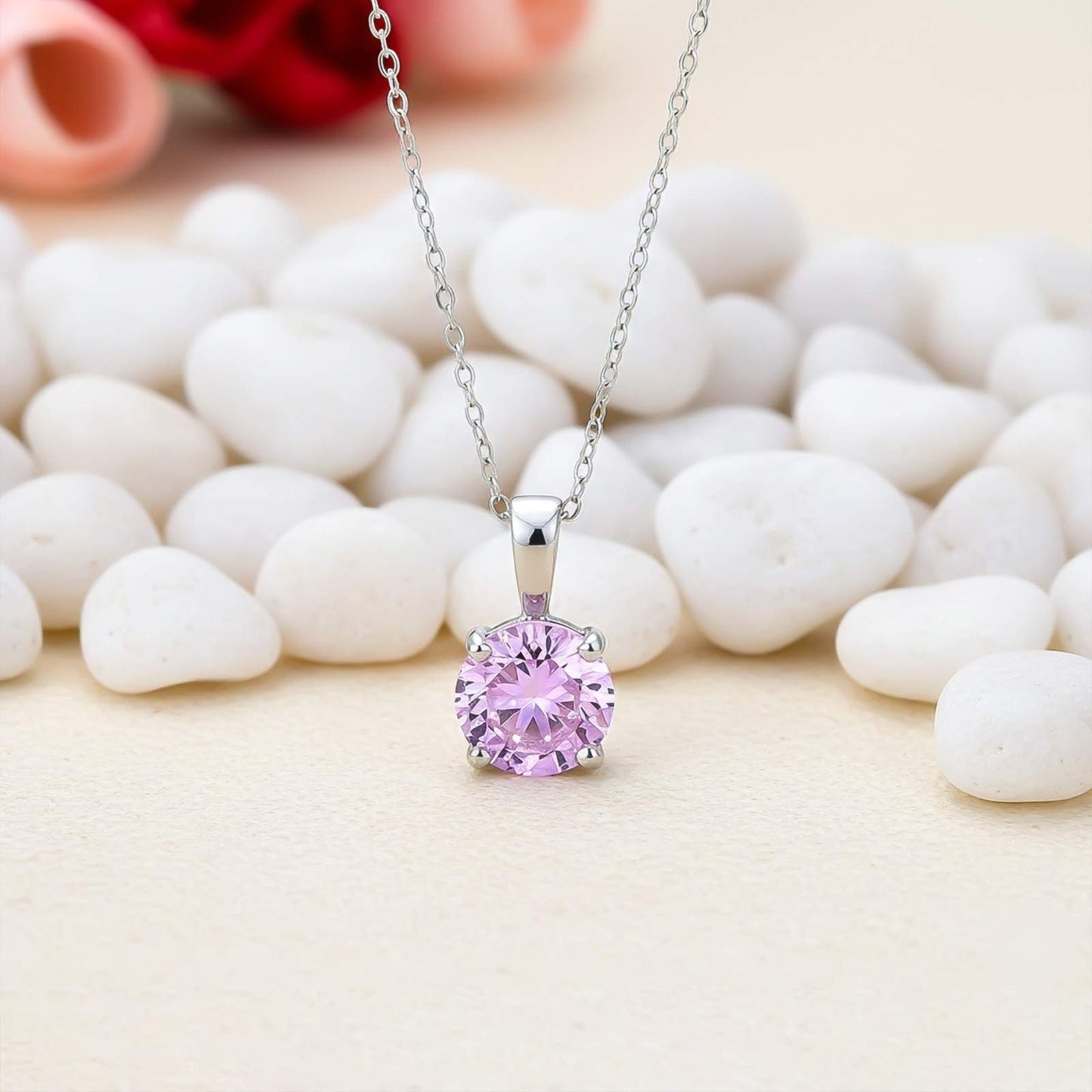 Silver Pink Sapphire Round Shape Pendant