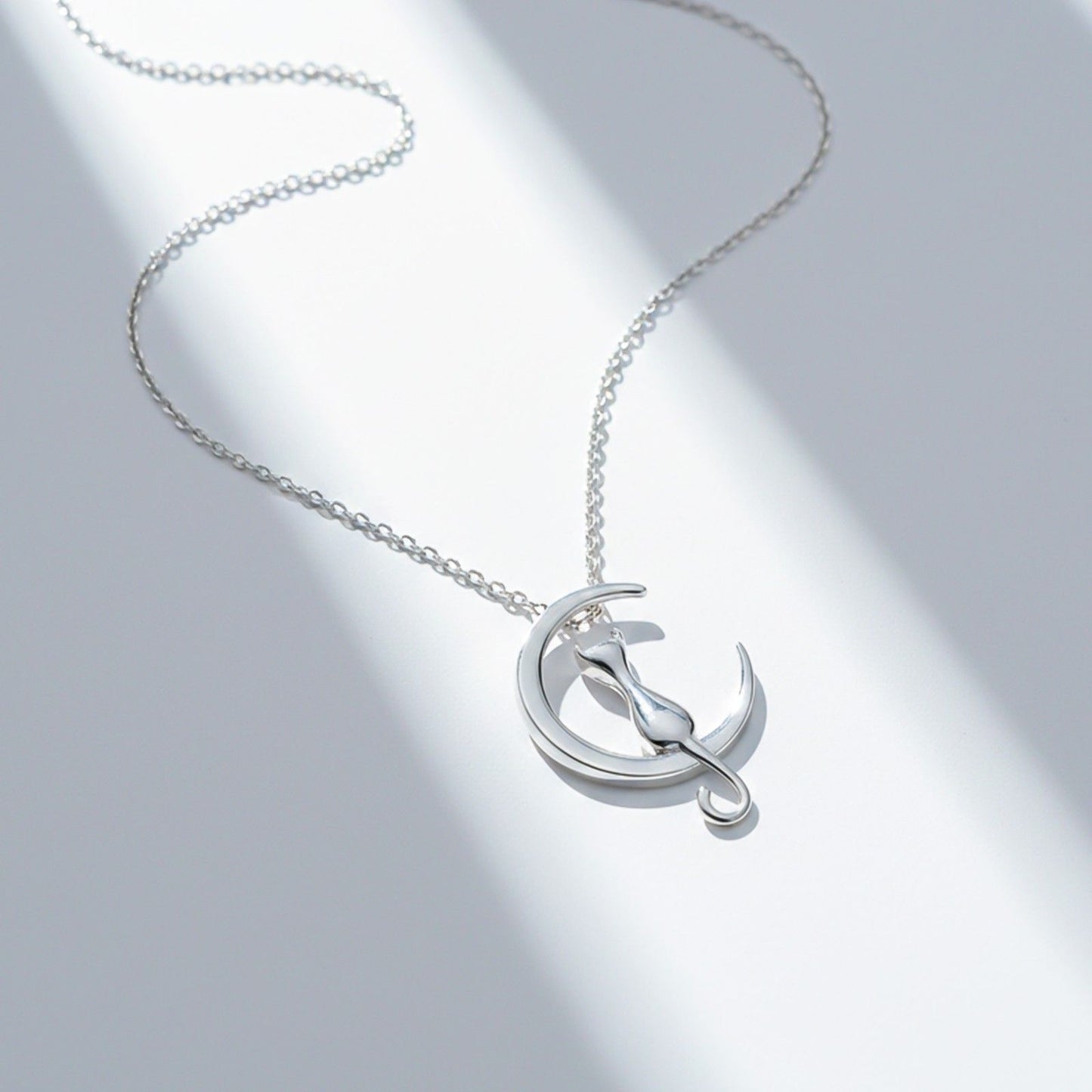 Silver Dreamy Moon Cat Pendant