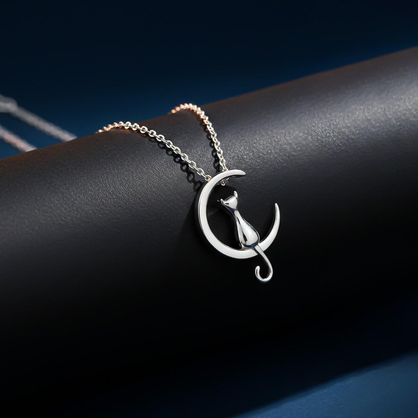 Silver Dreamy Moon Cat Pendant