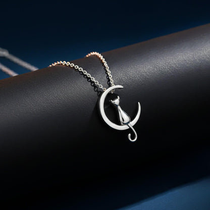 Silver Dreamy Moon Cat Pendant
