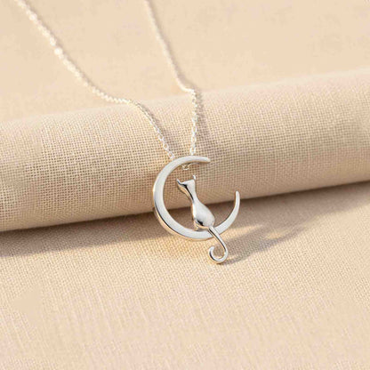 Silver Dreamy Moon Cat Pendant