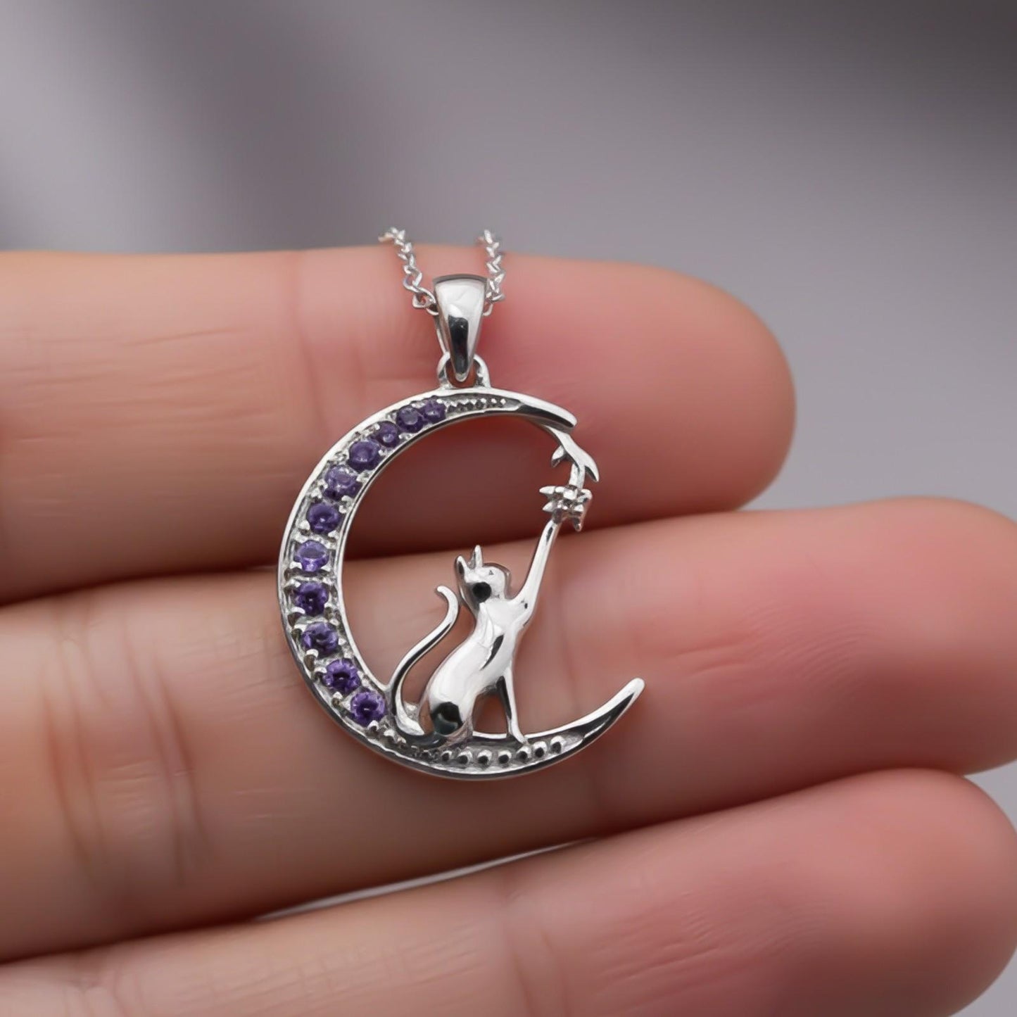 Silver Amethyst Moon Cat Pendant