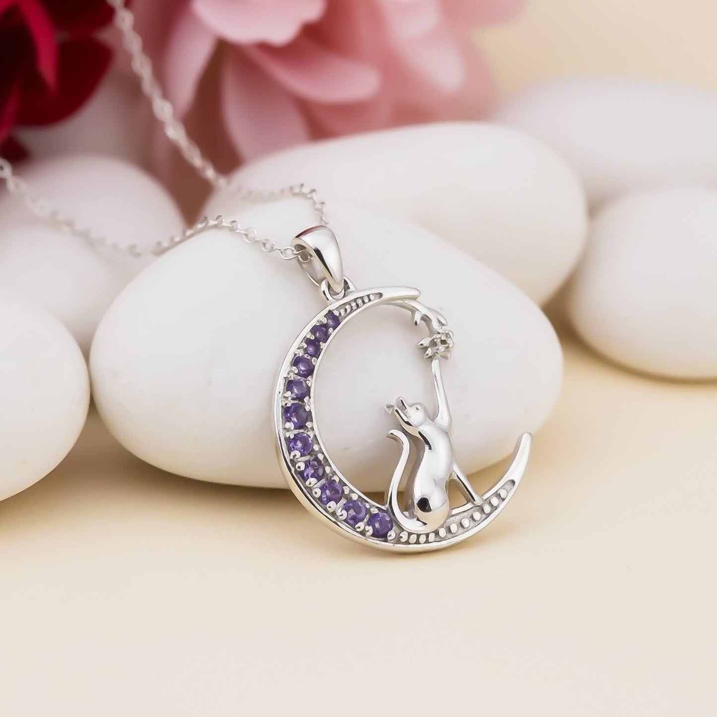 Silver Amethyst Moon Cat Pendant