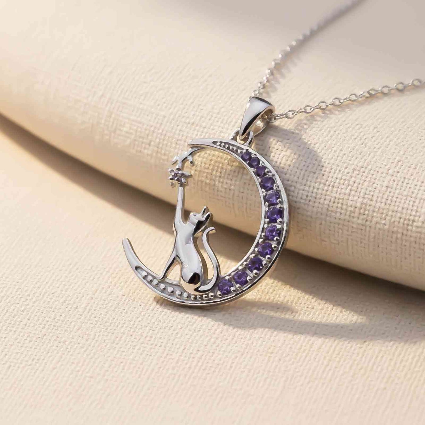 Silver Amethyst Moon Cat Pendant