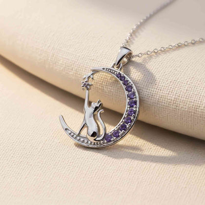 Silver Amethyst Moon Cat Pendant
