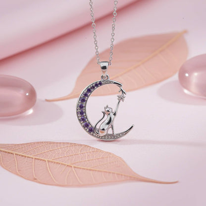 Silver Amethyst Moon Cat Pendant
