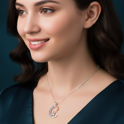 Silver Amethyst Moon Cat Pendant