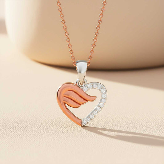 Rose And White Gold Angel wing Heart Pendant with Chain